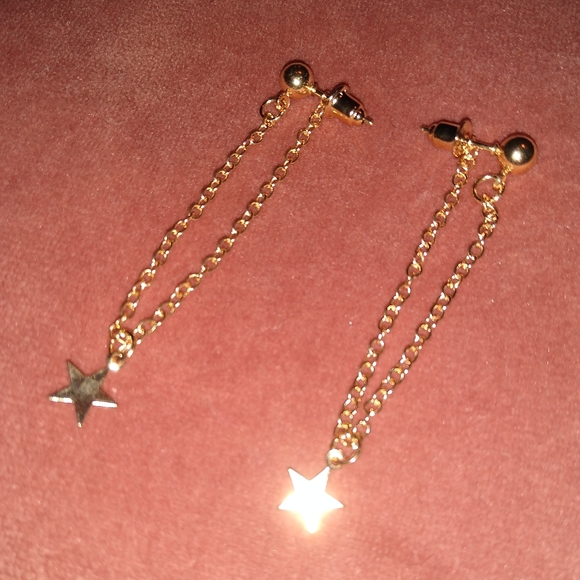 Gold Tiny Star Charm Chain Loop Dangle Stud Earrings Delicate Dainty Stars Loop - Picture 3 of 5